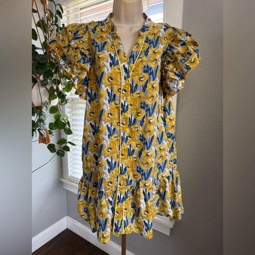 Hudson Gray Floral Print Dress Size Large Ruffle Ric Rac Trim - Picture 3 of 6